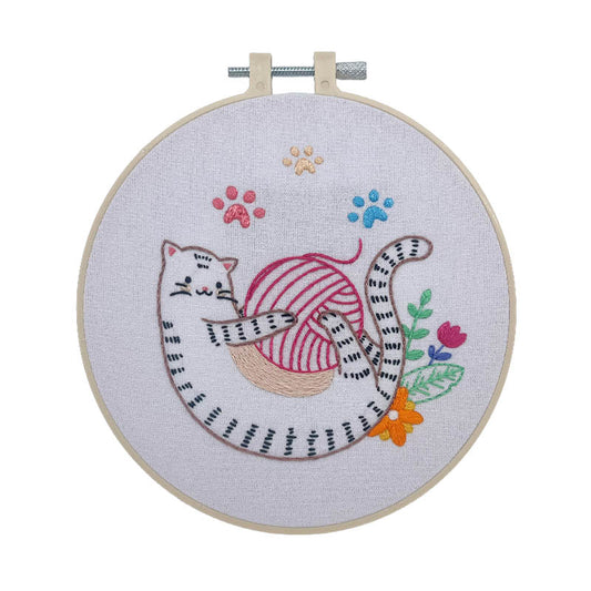 DIY Embroidery Kit Cute Cat Playing with a Wool Ball