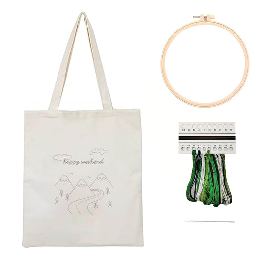 Canvas Tote Bag Embroidery Kit with Mountain Pattern